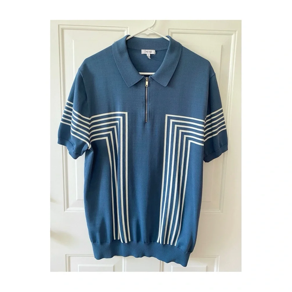 Reiss Jasper Half-Zip Striped Blue Polo T-Shirt Sz XL - Picture 2 of 11